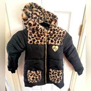 Betsey Johnson, Size 6X, Girls, Black & Leopard Print Winter Coat, Faux Fur